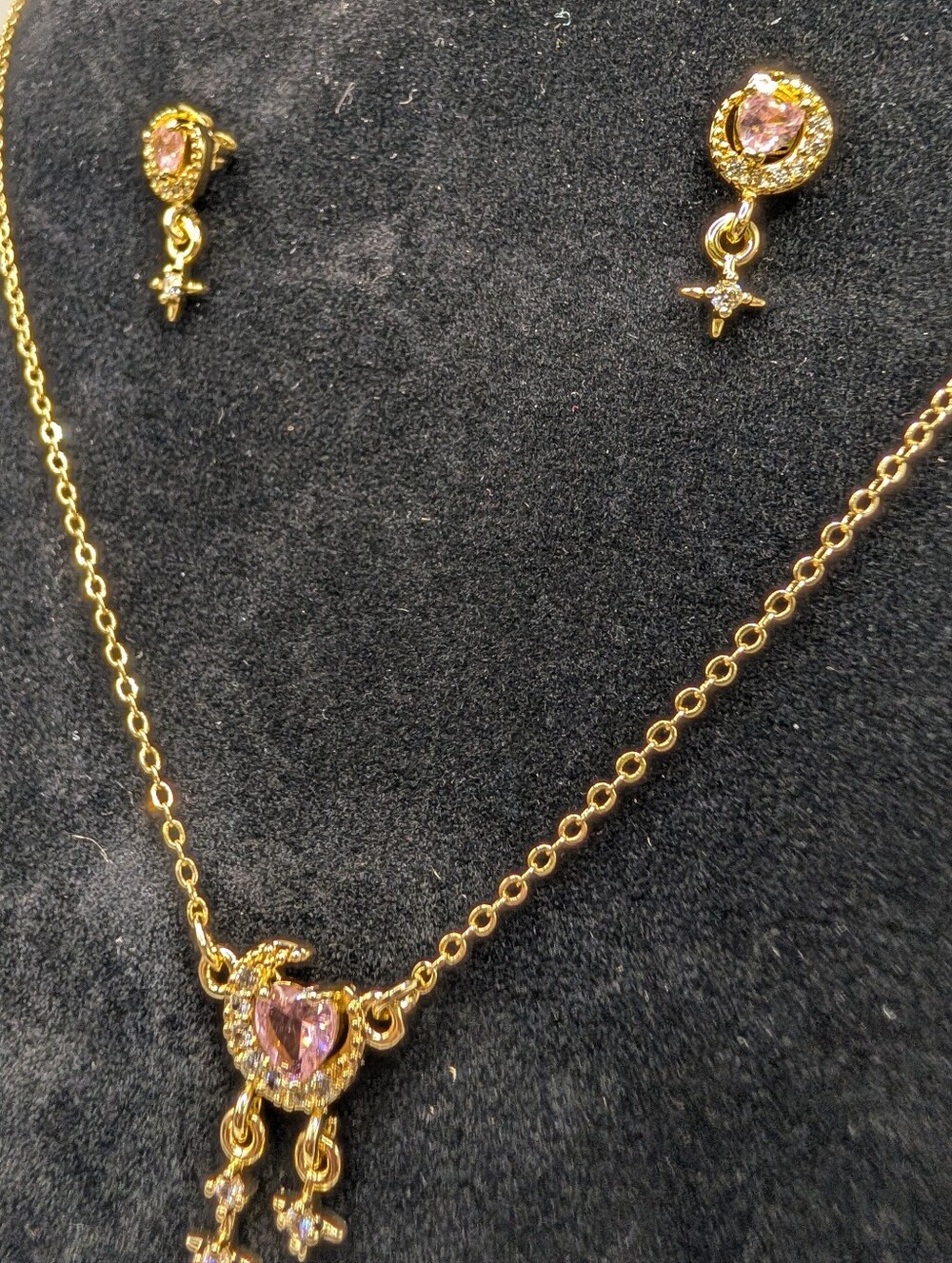 24k Gold Plate Pink Crystal Heart Crescent Moon Pendant Necklace & Earring Set - Picture 3 of 4